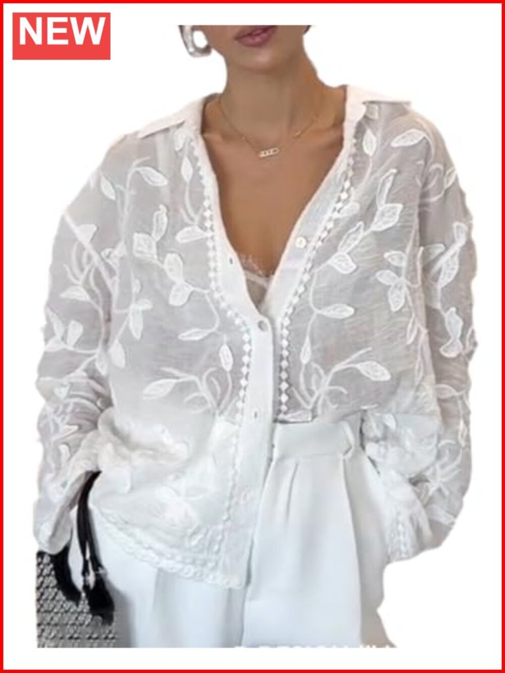 V Neck Embroidered Button Down Shirt Long Sleeve Boho Blouse